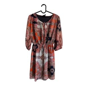 En‎ Focus Studio Orange Pink Navy Paisley Print Boho Dress Size 6